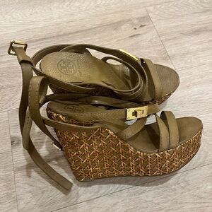 Tory Burch Olive Woven Wedge Sandals
